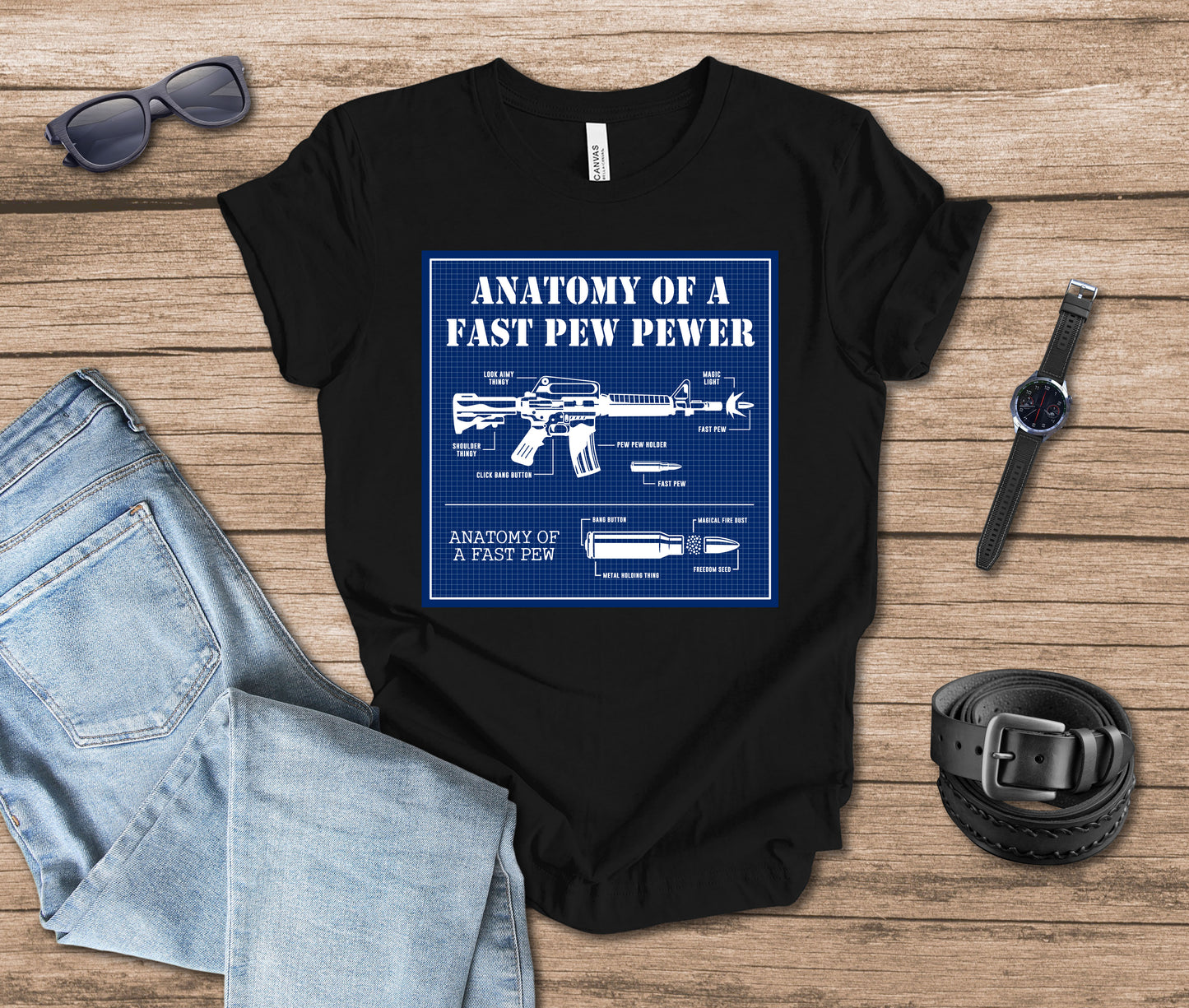 Anatomy of a Fast Pew Pewer Blueprint T-shirt