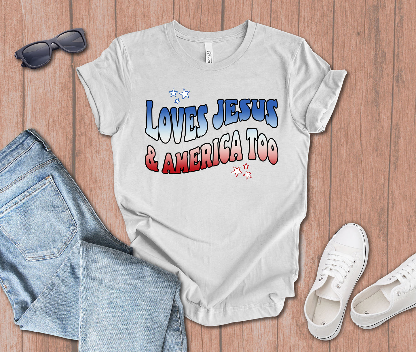 Loves Jesus and America too Groovy T-Shirt