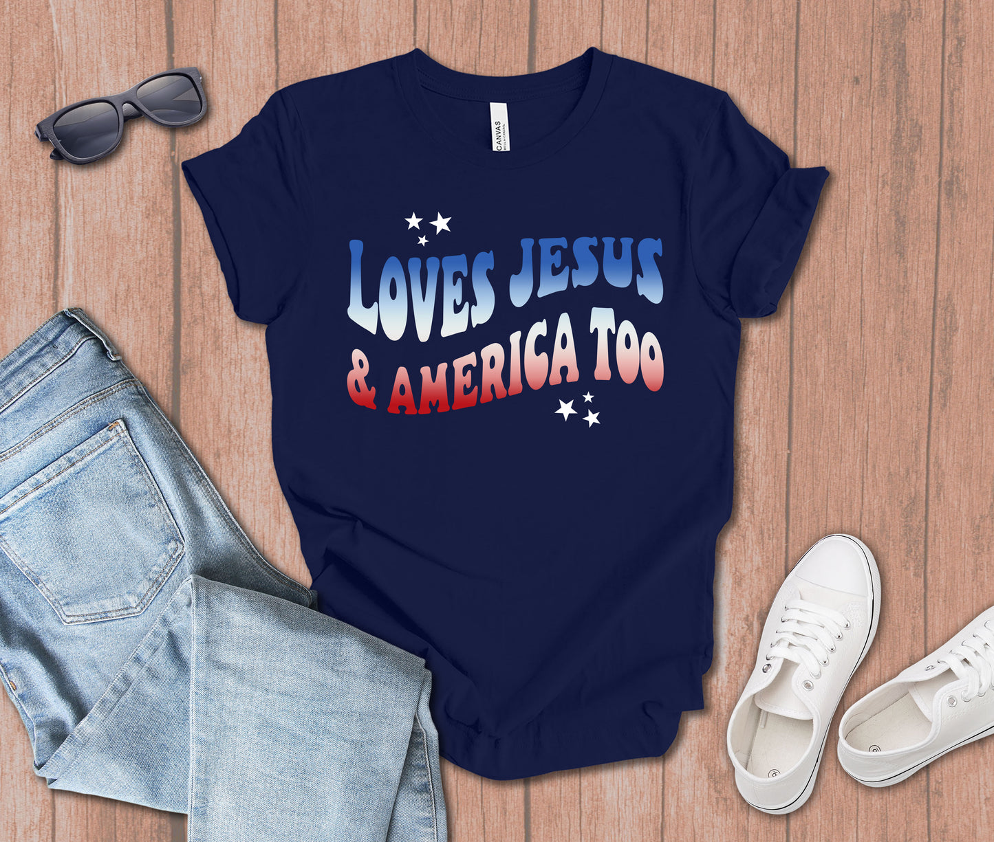 Loves Jesus and America too Groovy T-Shirt