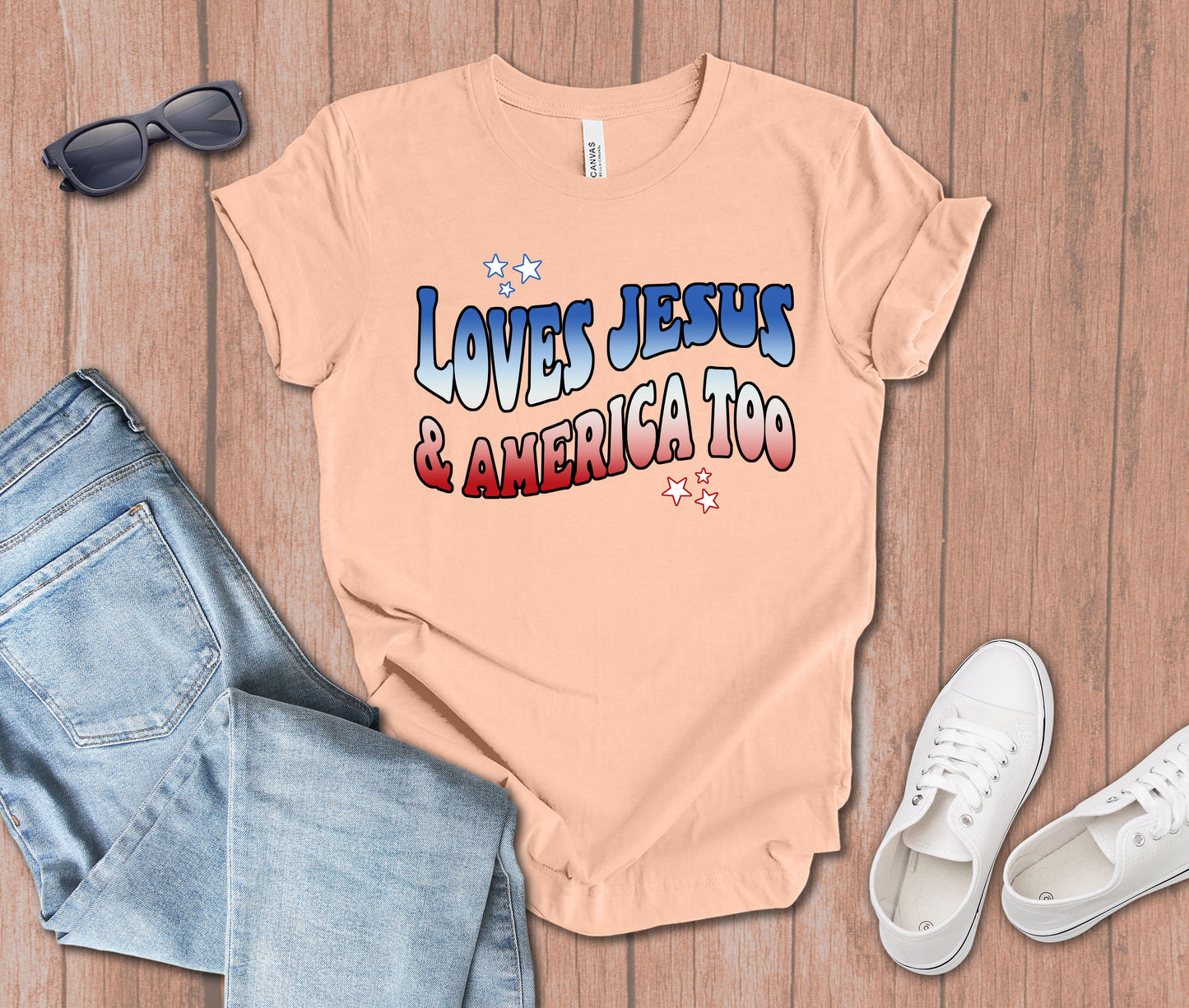 Loves Jesus and America too Groovy T-Shirt